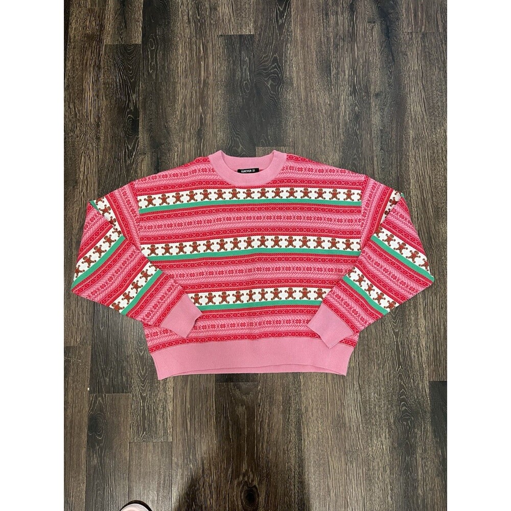Forever 21 Women Christmas Sweater Red Pink Gingerbread Size Large NWT